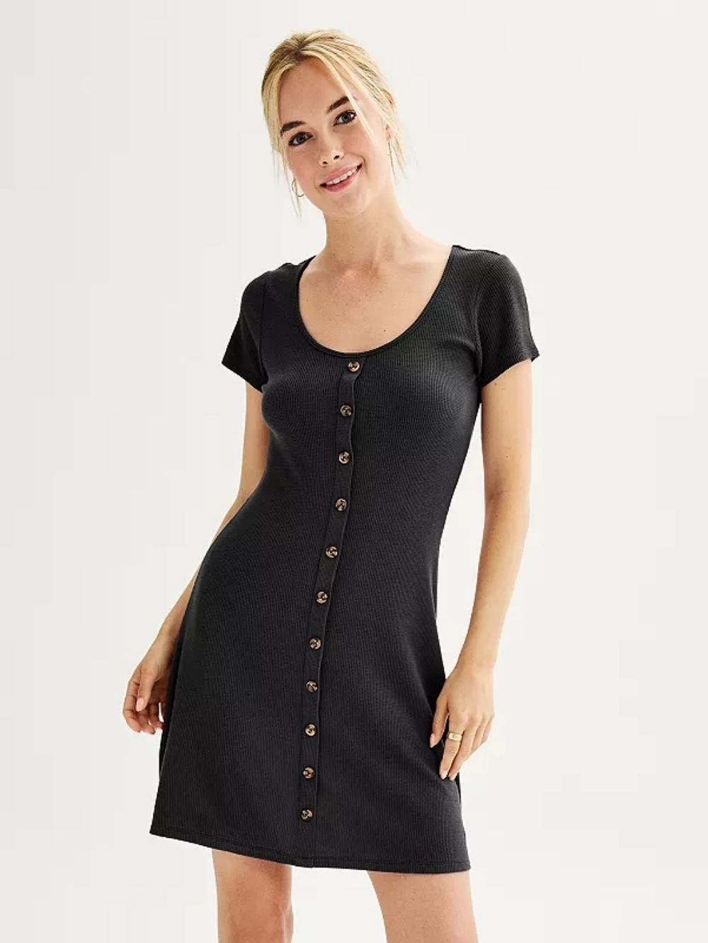 SO Juniors Small Black Button Front Short Sleeve Scoop Dress - Picture 2 of 11